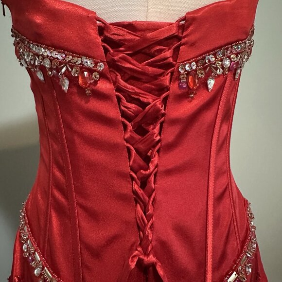 Women 6 Long Red Satin Beaded Formal Dress Evening Gown Strapless Glam Prom Gala - Picture 14 of 14